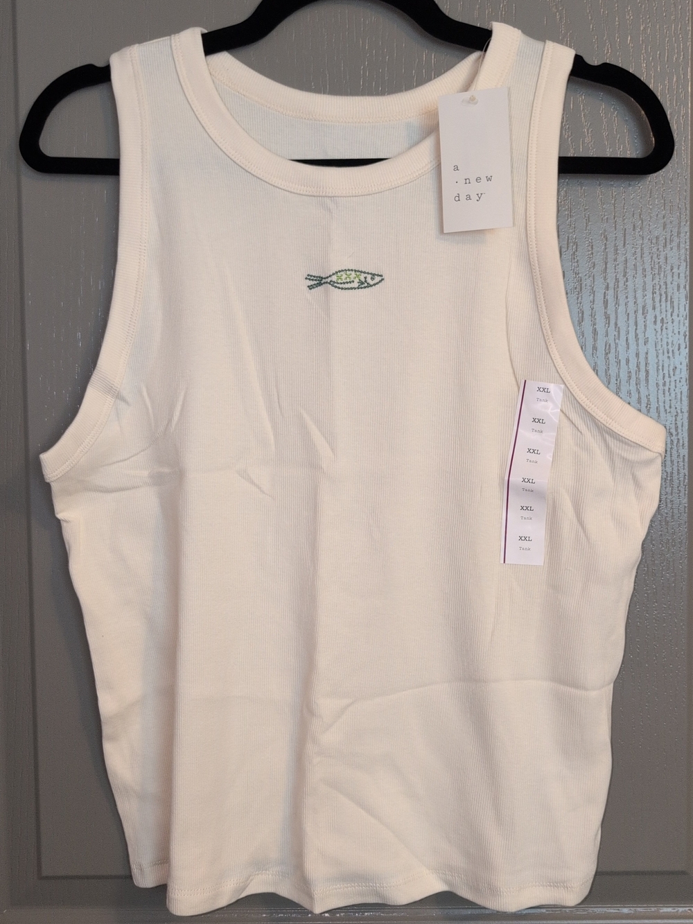 Target Cream Ribbed Tank Top with Small Green Fish Embroidery